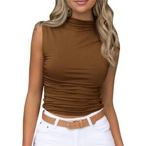 Womens Sleeveless Mock Turtleneck Tank Tops Brown